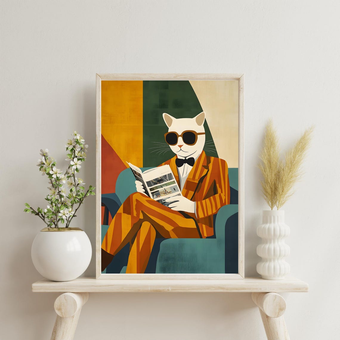 Classy Cat Suit Sunglasses Reading Newspaper Retro Style Art Poster - Image 7