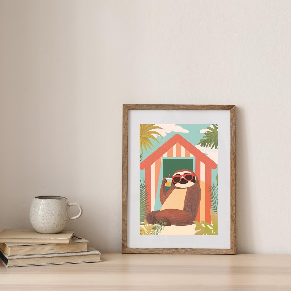Chill Sloth in Red Sunglasses Sipping Juice Before a Striped Beach Hut Poster - Image 3