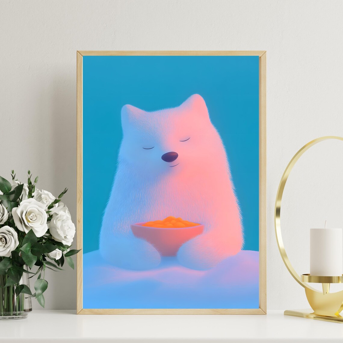 Sleepy White Polar Bear Holding a Warm Bowl of Orange Soup Poster
