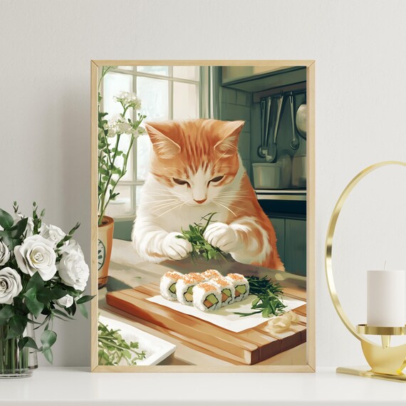 Orange Tabby Cat Making Sushi Rolls in Bright Kitchen Poster
