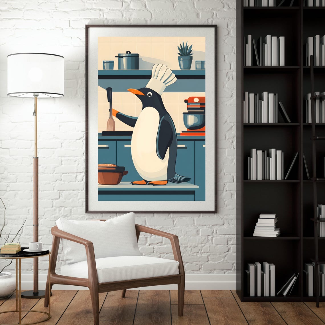 Penguin Chef With Spatula Cooking in a Retro Teal Kitchen Poster - Image 5