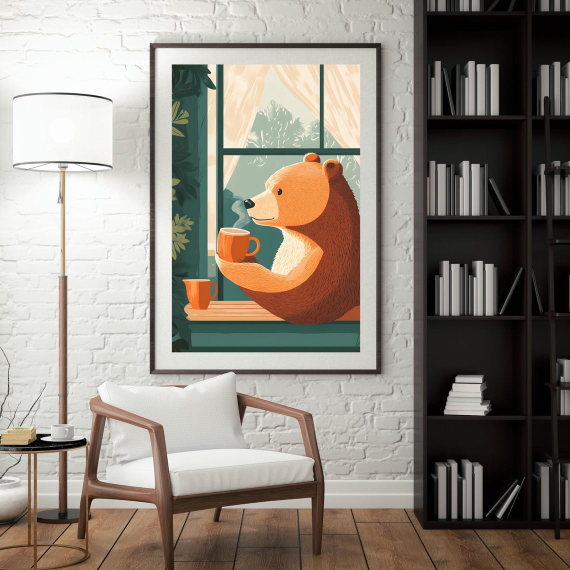 Cozy Brown Bear Drinking Coffee by a Sunny Forest Window Poster - Image 3