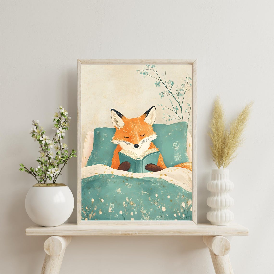 Fox Reading Book in Bed Cute Cozy Bedtime Animal Nursery Art Poster - Image 3