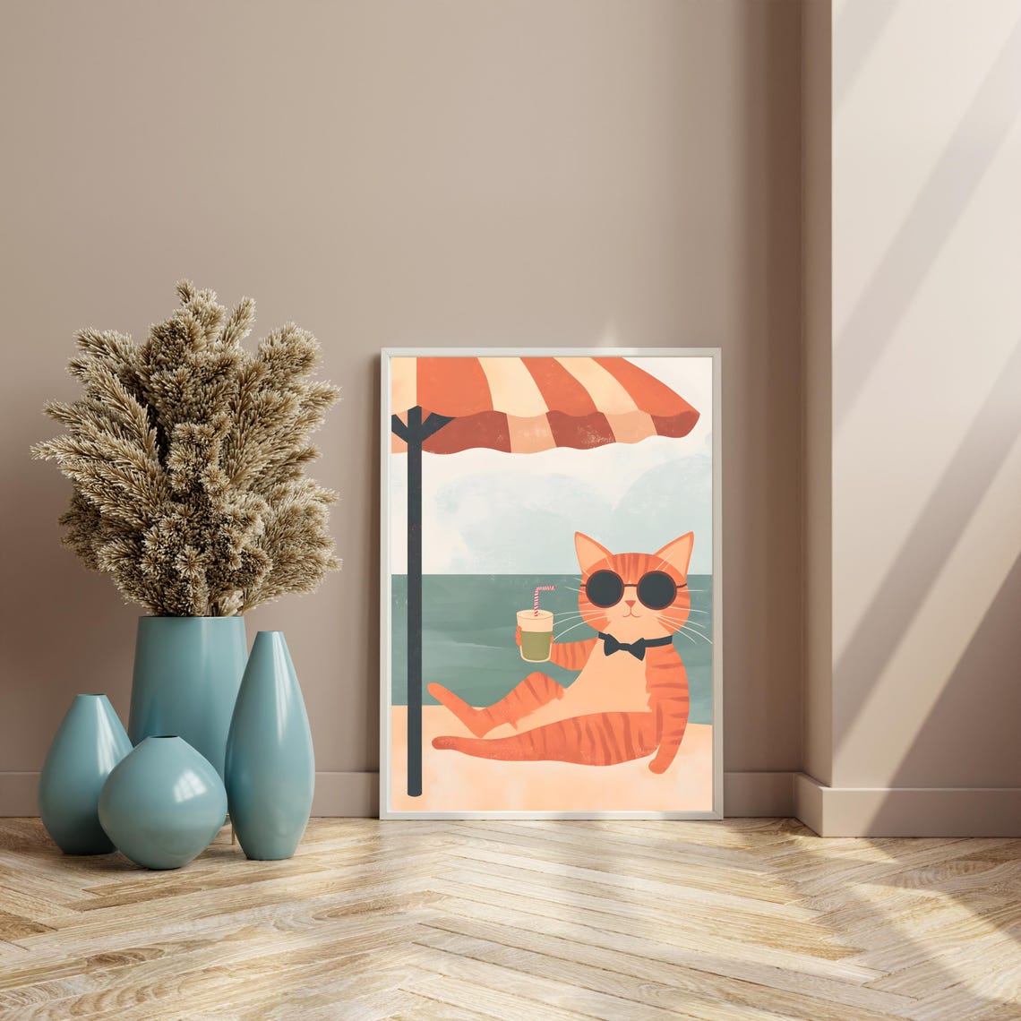 Orange Cat With Sunglasses and Bow Tie Lounging at Beach Poster - Image 8