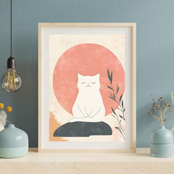 Zen White Cat Under A Pink Sun Minimalist Japanese Art Poster