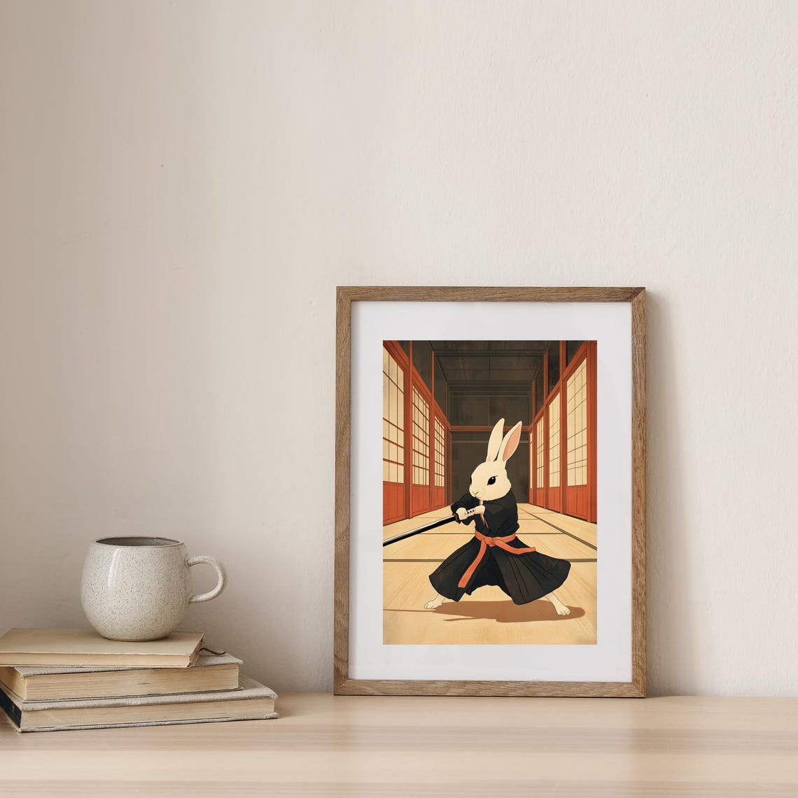 White Rabbit Samurai Wielding Katana in Japanese Dojo Hall Poster - Image 4