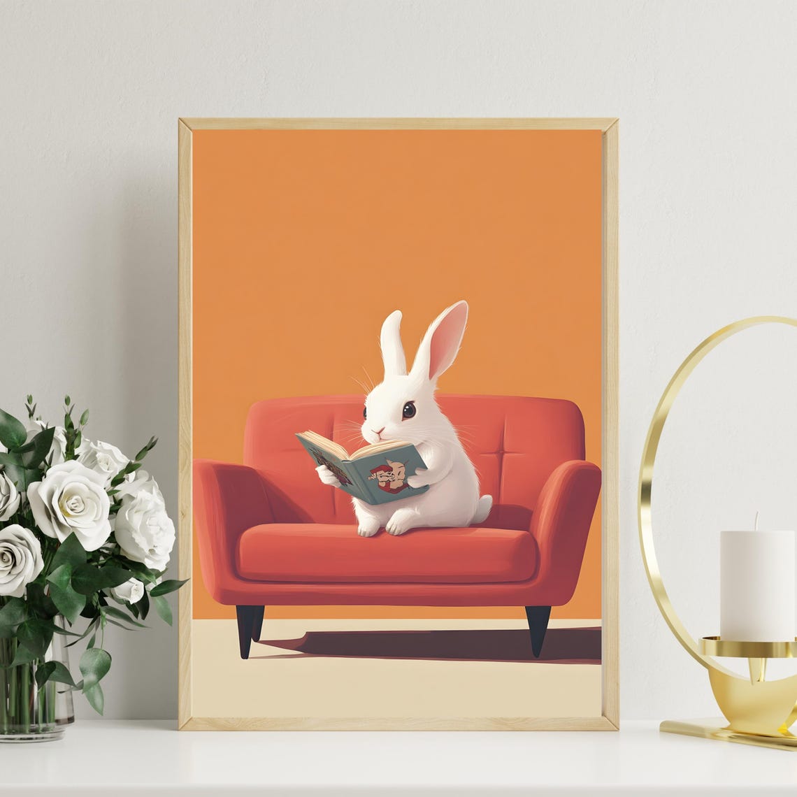 White Bunny Reading a Book on a Red Sofa in Orange Room Poster - Image 2