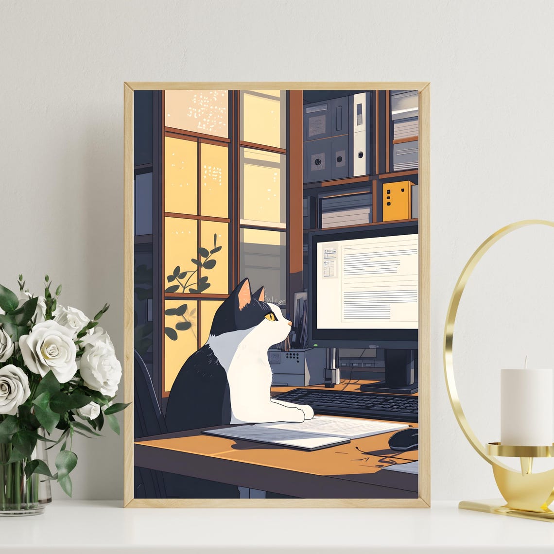 Cat at Computer Night Office Funny Workspace Animal Nursery Art Poster - Image 4