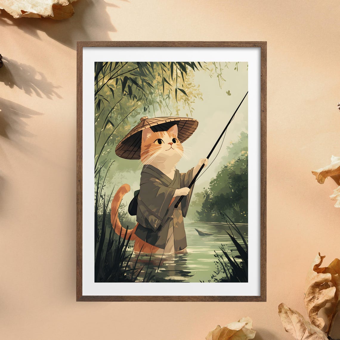 Japanese Cat Fisherman Poster Cute Cat Fishing Wall Art Japanese Vintage Cat Art Anime Cat In Kimono Whimsical Cat Illustration - Image 5