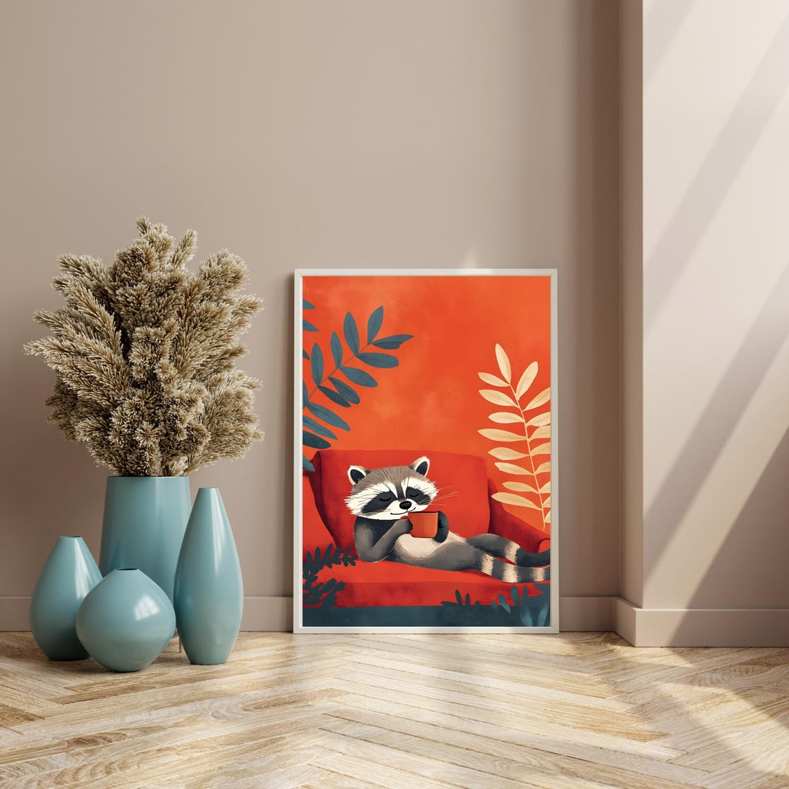 Sleepy Raccoon Lounging on a Red Sofa Holding a Coffee Cup Poster - Image 8