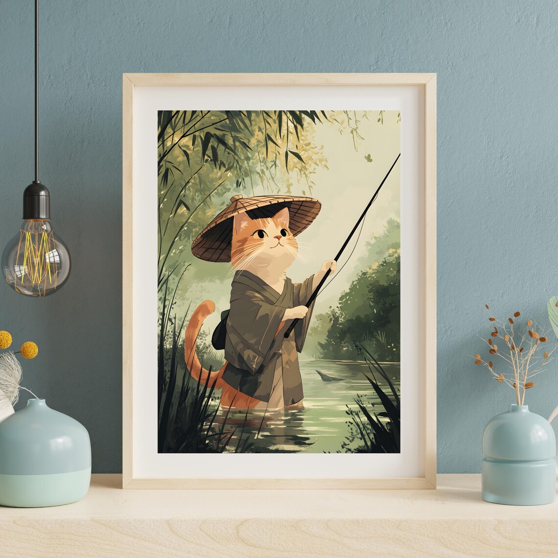 Ginger Cat Fisherman Wearing a Kimono and Straw Hat on a Calm River Poster