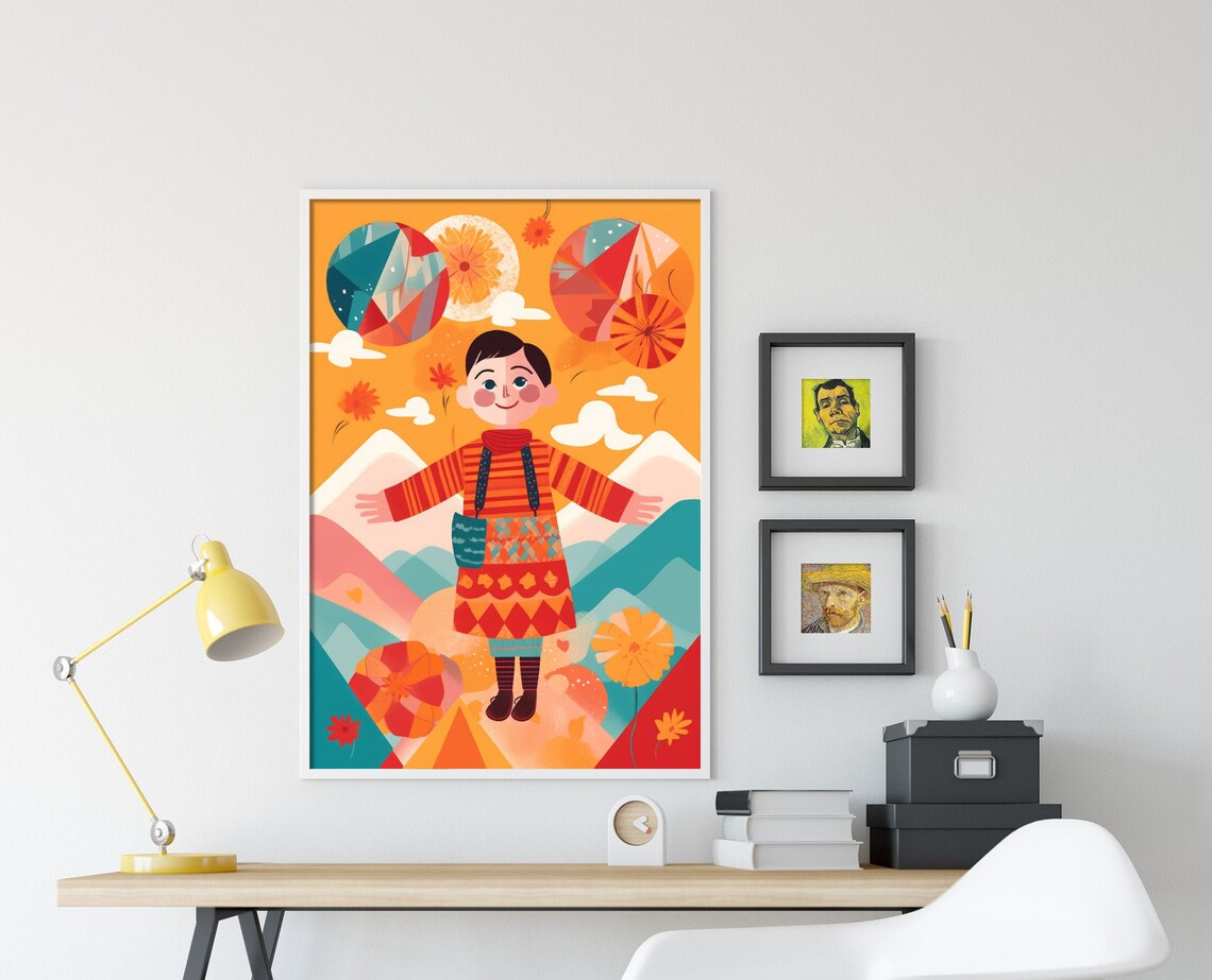 Smiling Italian Girl in Folk Costume Mountain Landscape Art Poster - Image 4