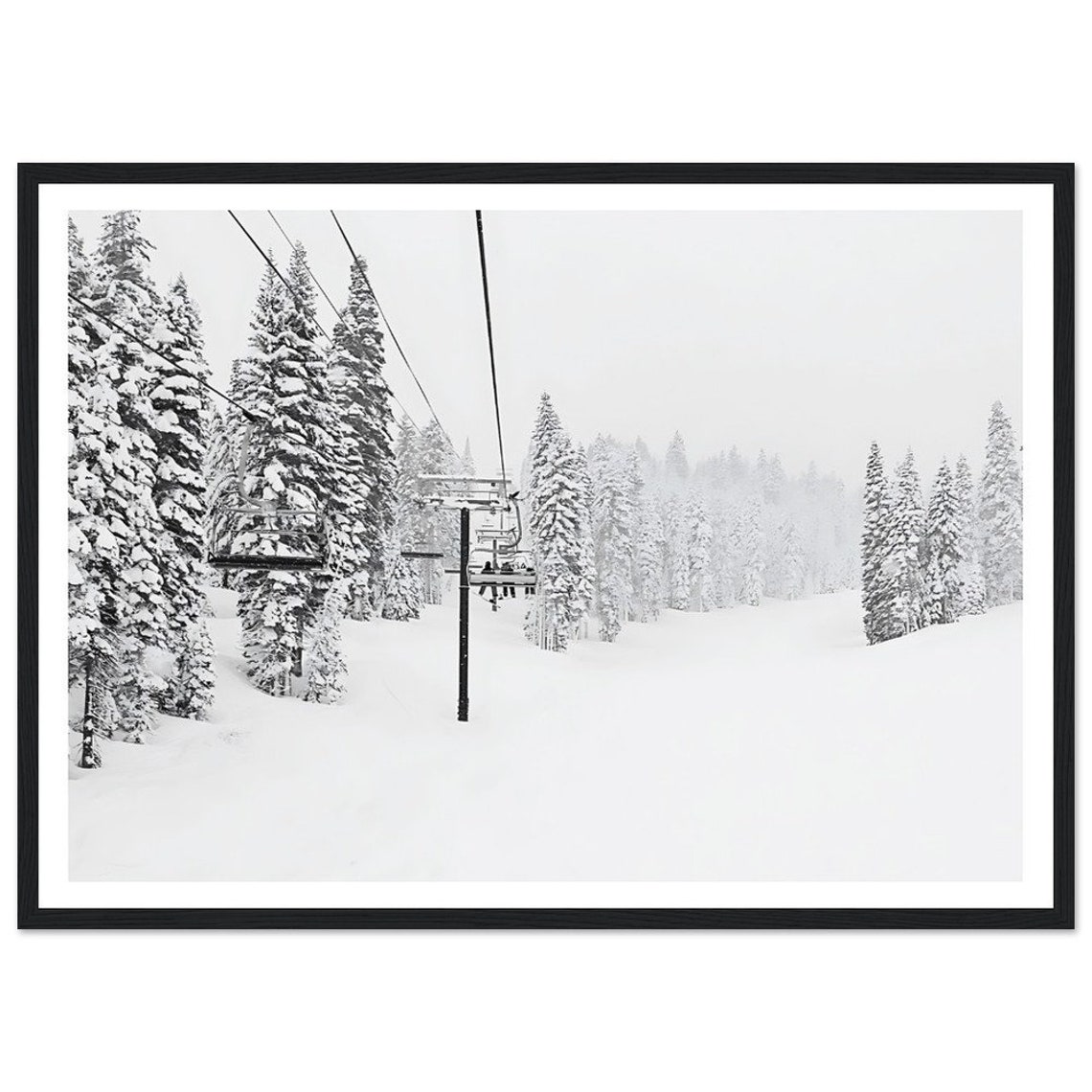 Black And White Ski Lift Rising Over Snowy Pine Forest Slope Poster