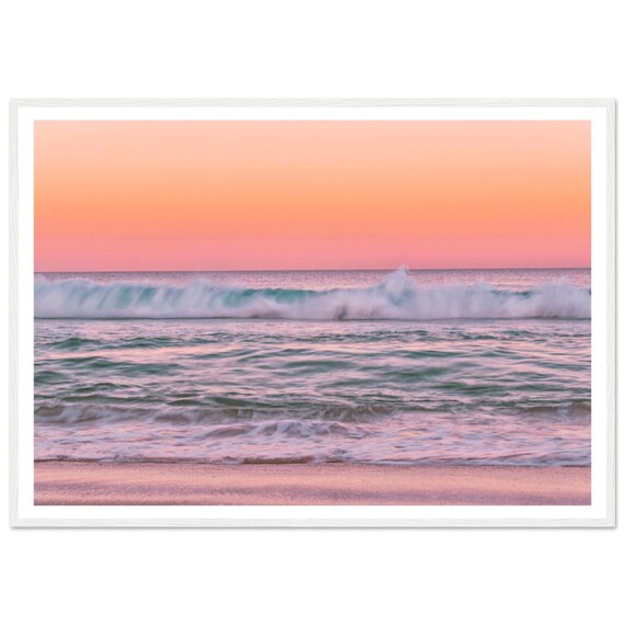 Pink Sunset Ocean Waves Serene Calm Beach Shoreline Photo Poster
