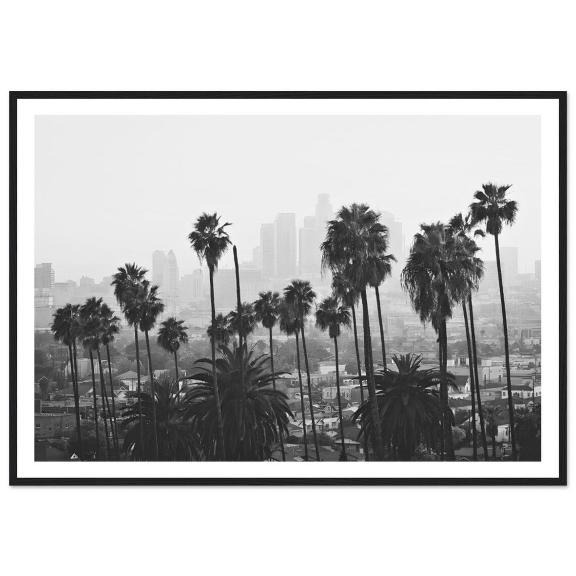 Los Angeles Skyline Palm Trees, Black And White Poster