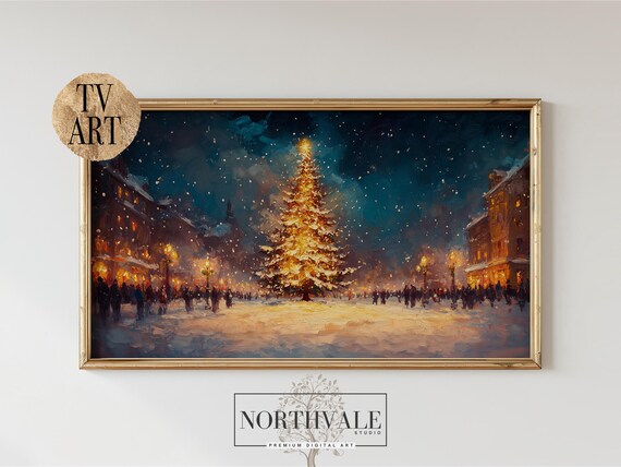 Snowy Town Square Christmas Tree Night Glowing Holiday Art Poster