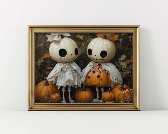 Halloween Pumpkin Skeleton Art Vintage Rustic Wall Spooky Fall Decor Patch Painting 83