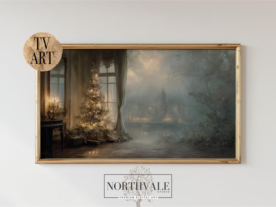 Misty Christmas Tree Lake View Dreamy Winter Evening Art Poster