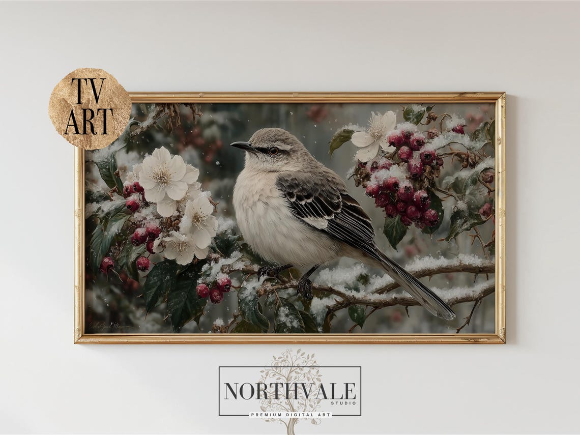Winter Bird Snowy Berry Branch Songbird Nature Painting Poster