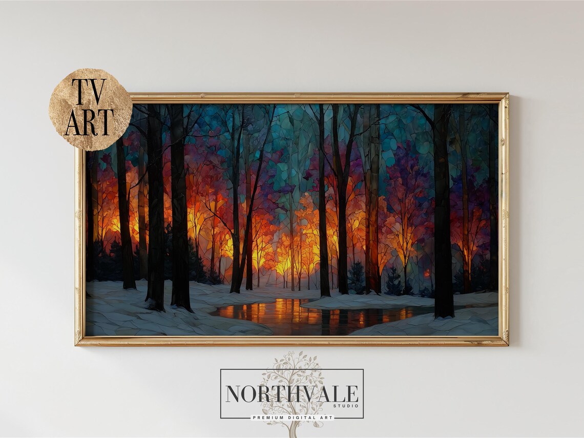 Winter Stained Glass Sunset, Moody Silhouette Trees