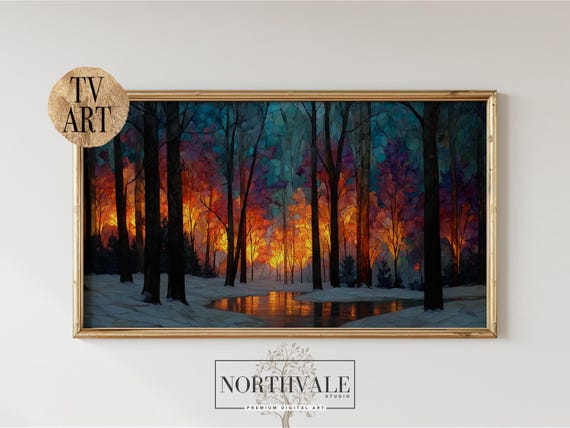Winter Stained Glass Sunset, Moody Silhouette Trees