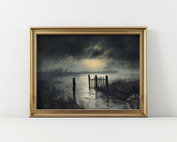 Moonlit River Marsh Broken Wooden Gate Dark Clouds Night Oil Painting Poster