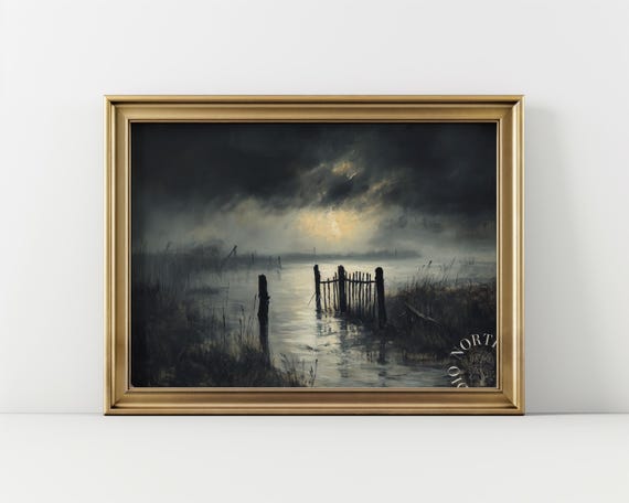 Vintage River Scene With Moonlit Sky Moody Oil Painting Print Rustic Wall Art Earthy Night Landscape Decor For Home 21