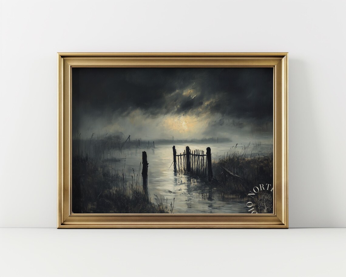 Moonlit River Marsh Broken Wooden Gate Dark Clouds Night Oil Painting Poster