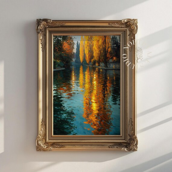 Autumn River Golden Poplar Reflections Vintage Landscape Print