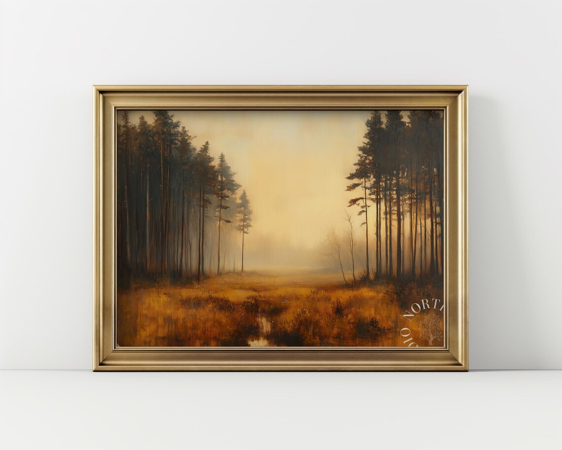 Foggy Autumn Meadow, Rustic Landscape Art Print