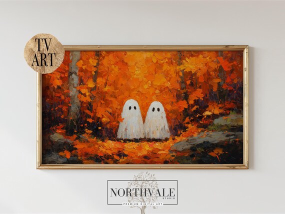 Rustic Fall Ghosts Frame Tv Art Cute Autumn Forest Scene Halloween Decor Cosy Chibi Painting 12