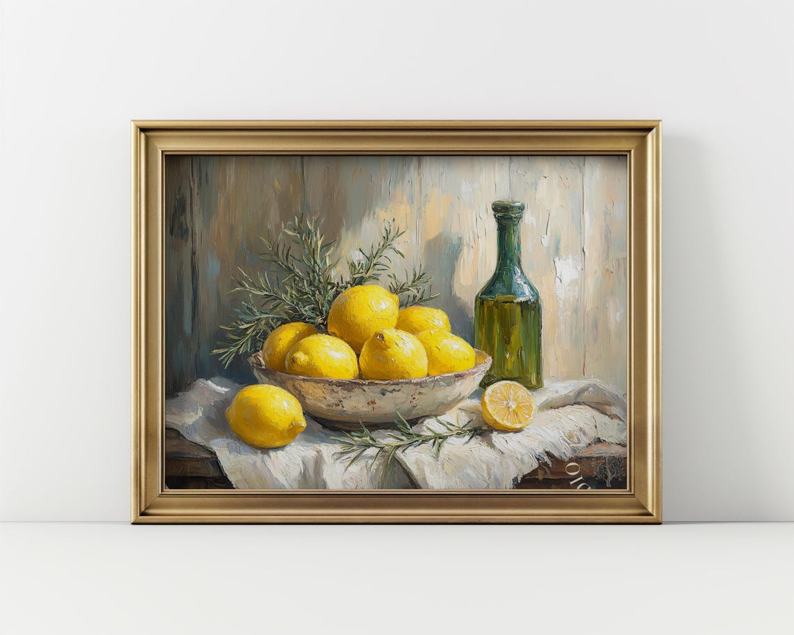 Mediterranean Lemon Bowl Still Life Vintage Kitchen Wall Art
