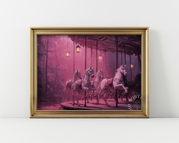 Haunted Carousel In Pastel Pink Vintage Oil Painting Spooky Eerie Scene Wall Art Moody Halloween Decor Print 141
