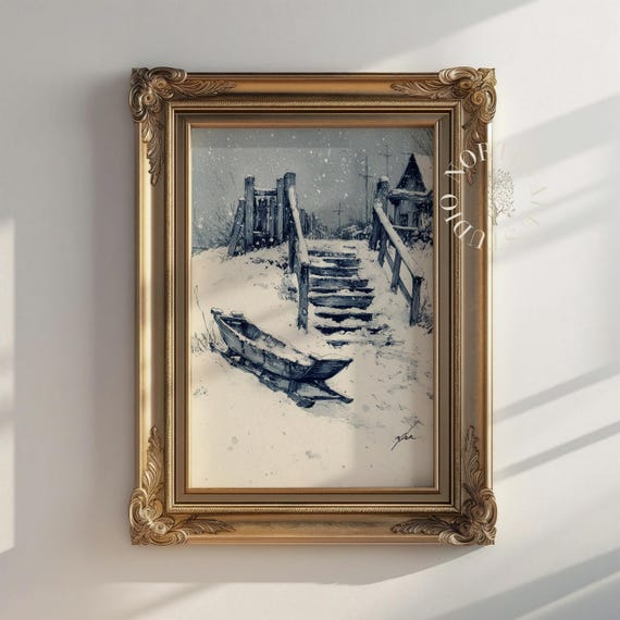 Winter Sled In Snow Scene Vintage Ink Drawing Rustic Cottage Decor Charming Wall Art Christmas Print 137