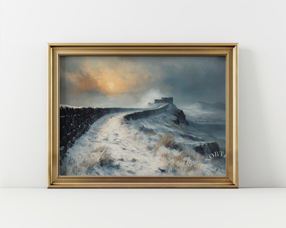 Snowy Ancient Stone Wall Winter Landscape with Castle Ruin Poster