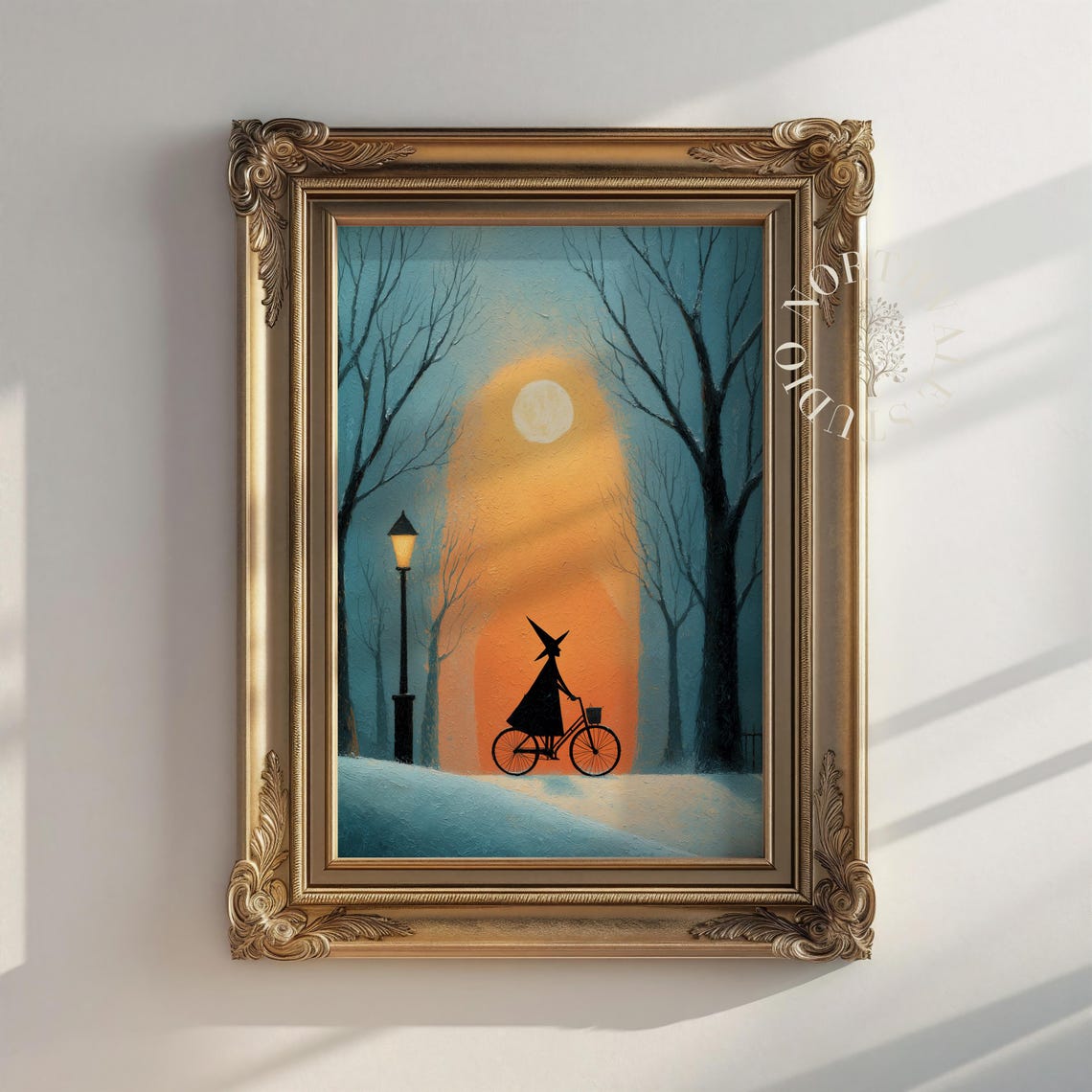 Folk Art Witch Riding Bicycle Under Glowing Orange Moonlight Poster