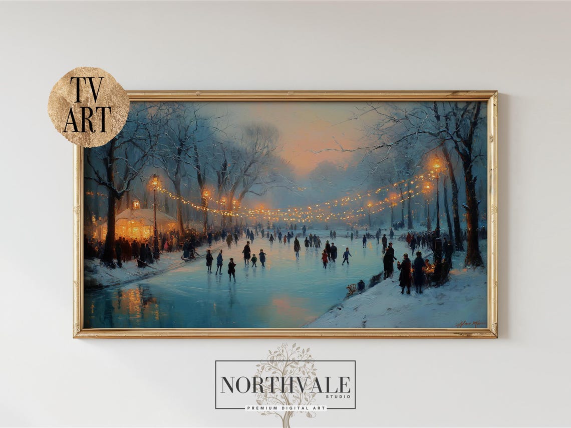 Vintage Winter Ice Skating Scene Children On Frozen Pond Print