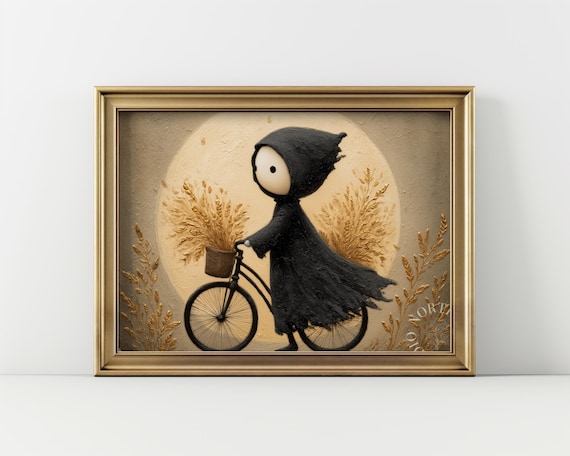 Little Cloaked Bicycle Rider Full Moon Vintage Halloween Wall Art