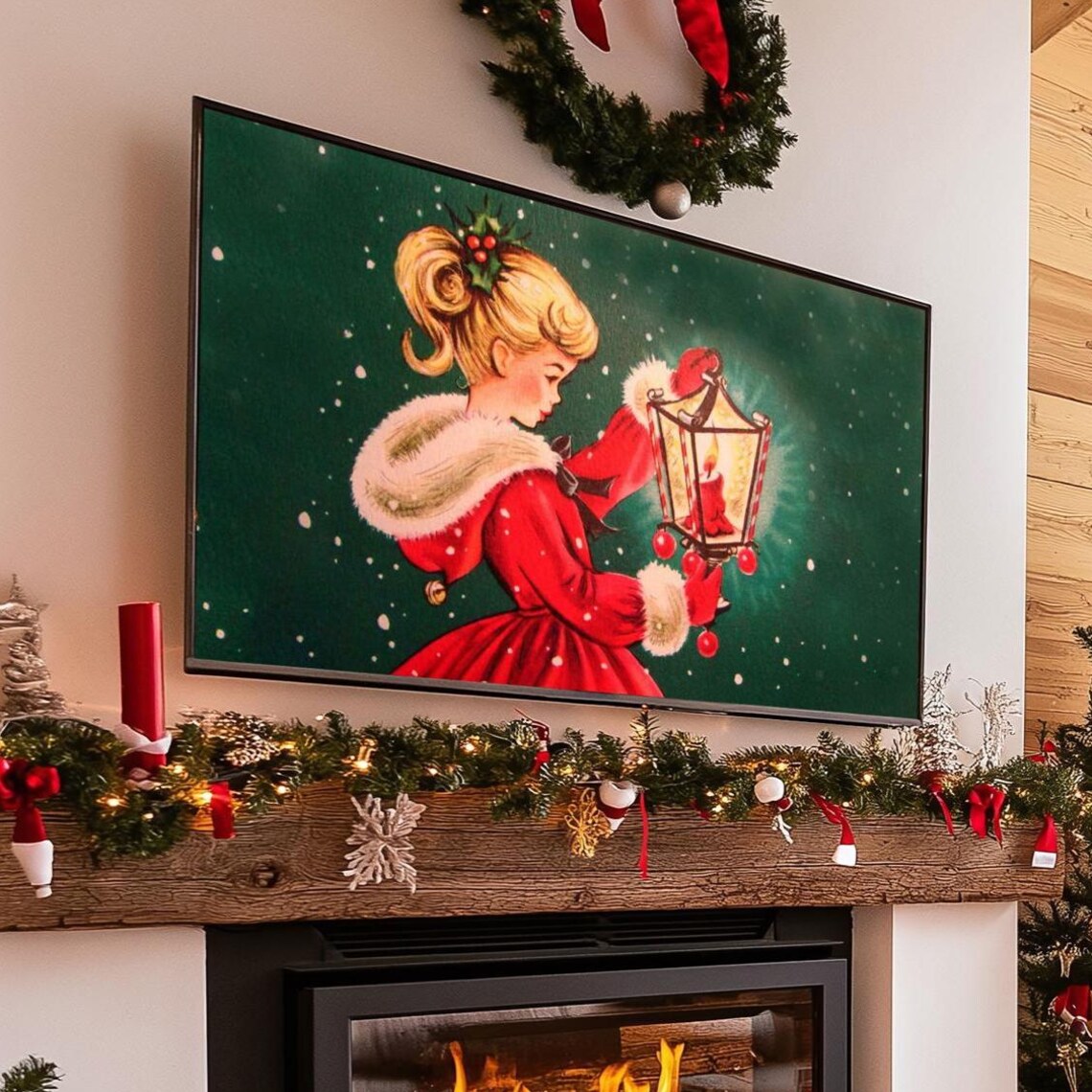 Vintage Christmas Girl with Glowing Lantern Snowy Retro Art Poster