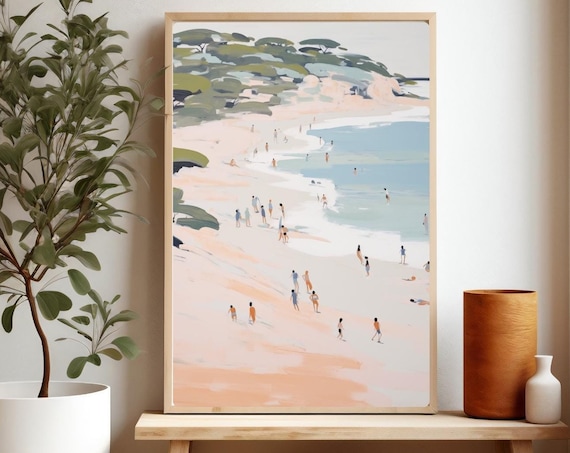 Colorful Crowded Beach Watercolor Summer Swimmers Coastal Scene Poster