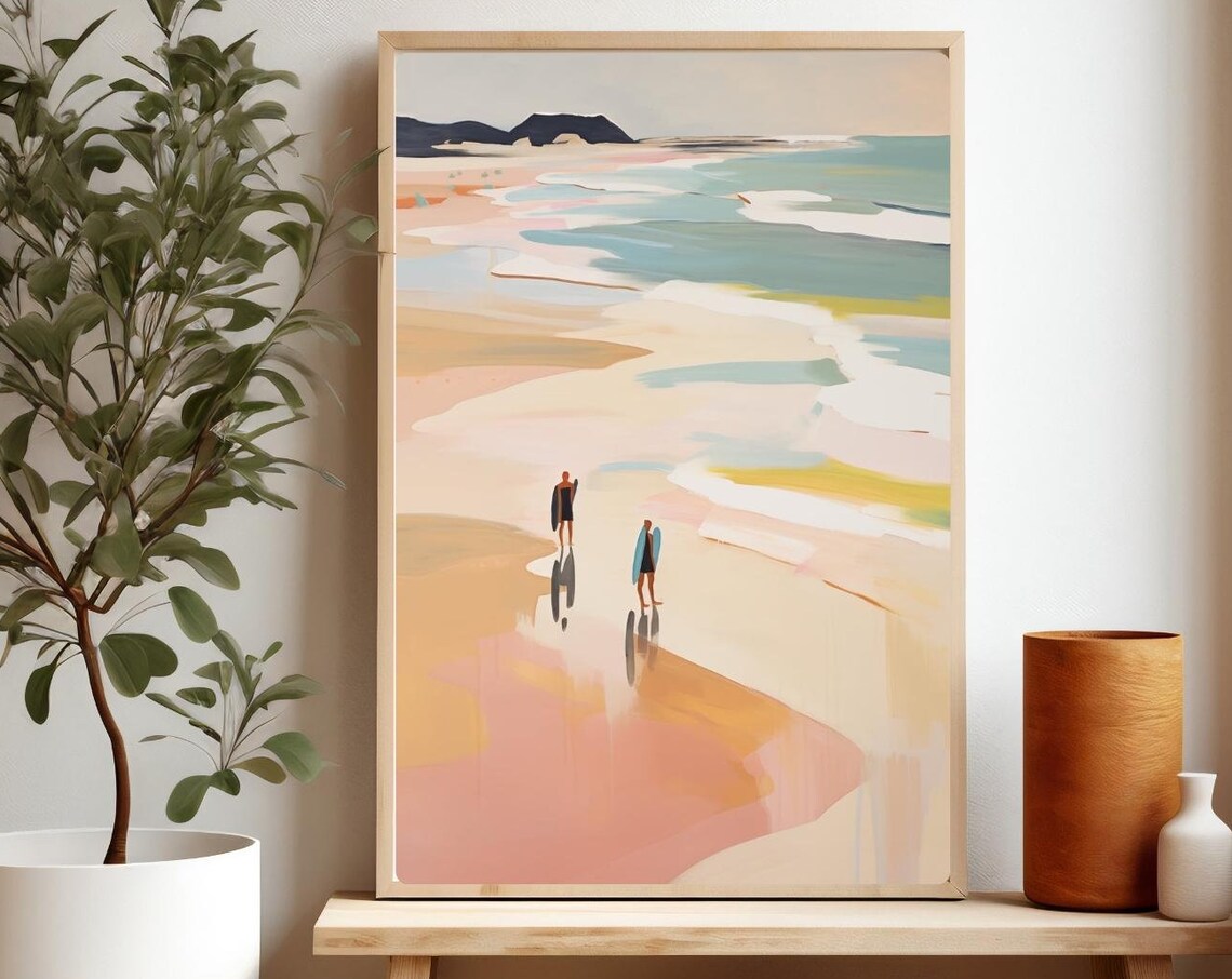Surfers Walking Beach Painting Colorful Surf Culture Shoreline Poster