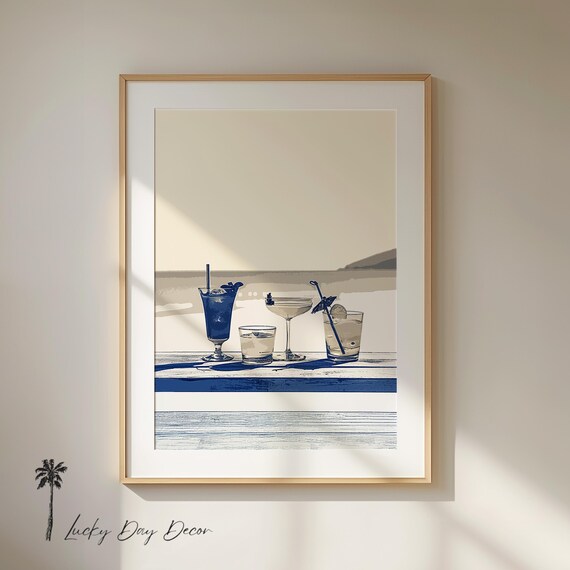Minimalist Beach Happy Hour Cocktails Coastal Rustic Blue Art Poster