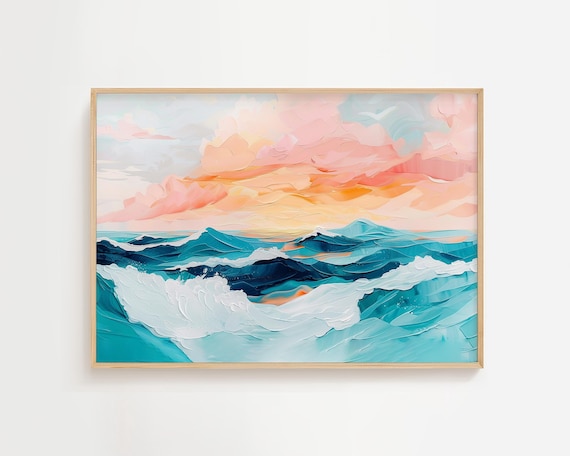 Crashing Ocean Waves Pastel Sunset Colorful Watercolor Sea Wall Art