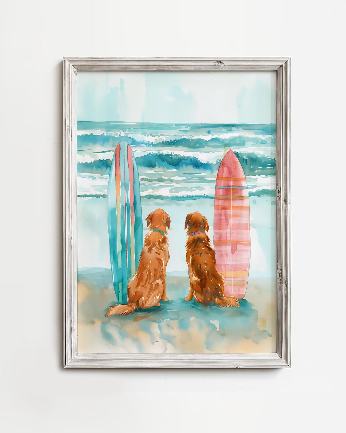 Goldens Watch The Surf Coastal Golden Retriever Dog Painting Fun Happy Waterdog Art Colorful Pastel Watercolor Beach