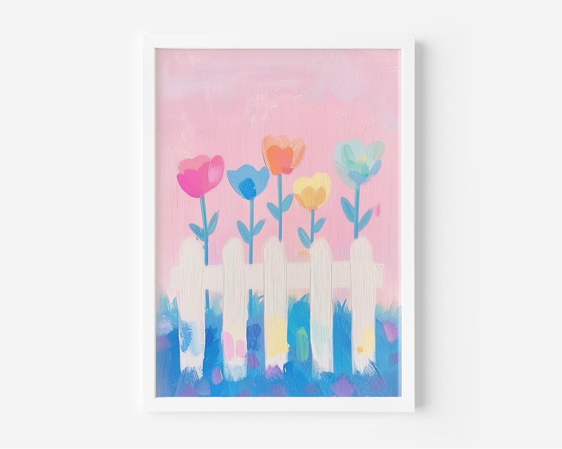 Colorful Tulips Picket Fence Pastel Spring Garden Painting Poster