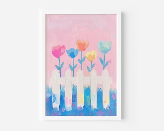 Colorful Tulips Picket Fence Pastel Spring Garden Painting Poster