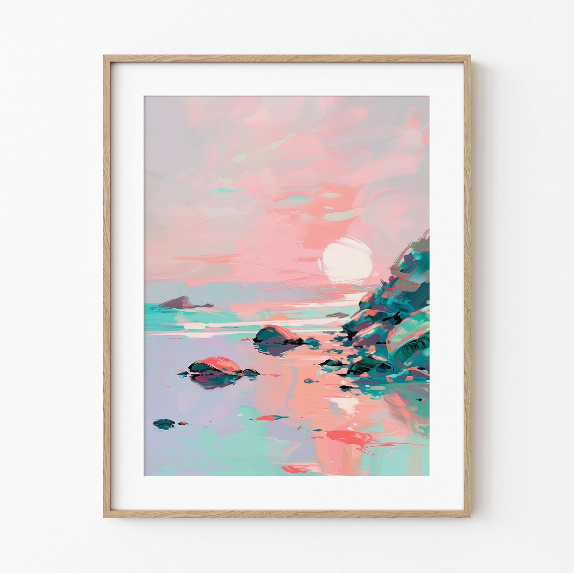 Pink Sunset Beach Pastel Impressionist Rocky Coast Ocean Art Poster