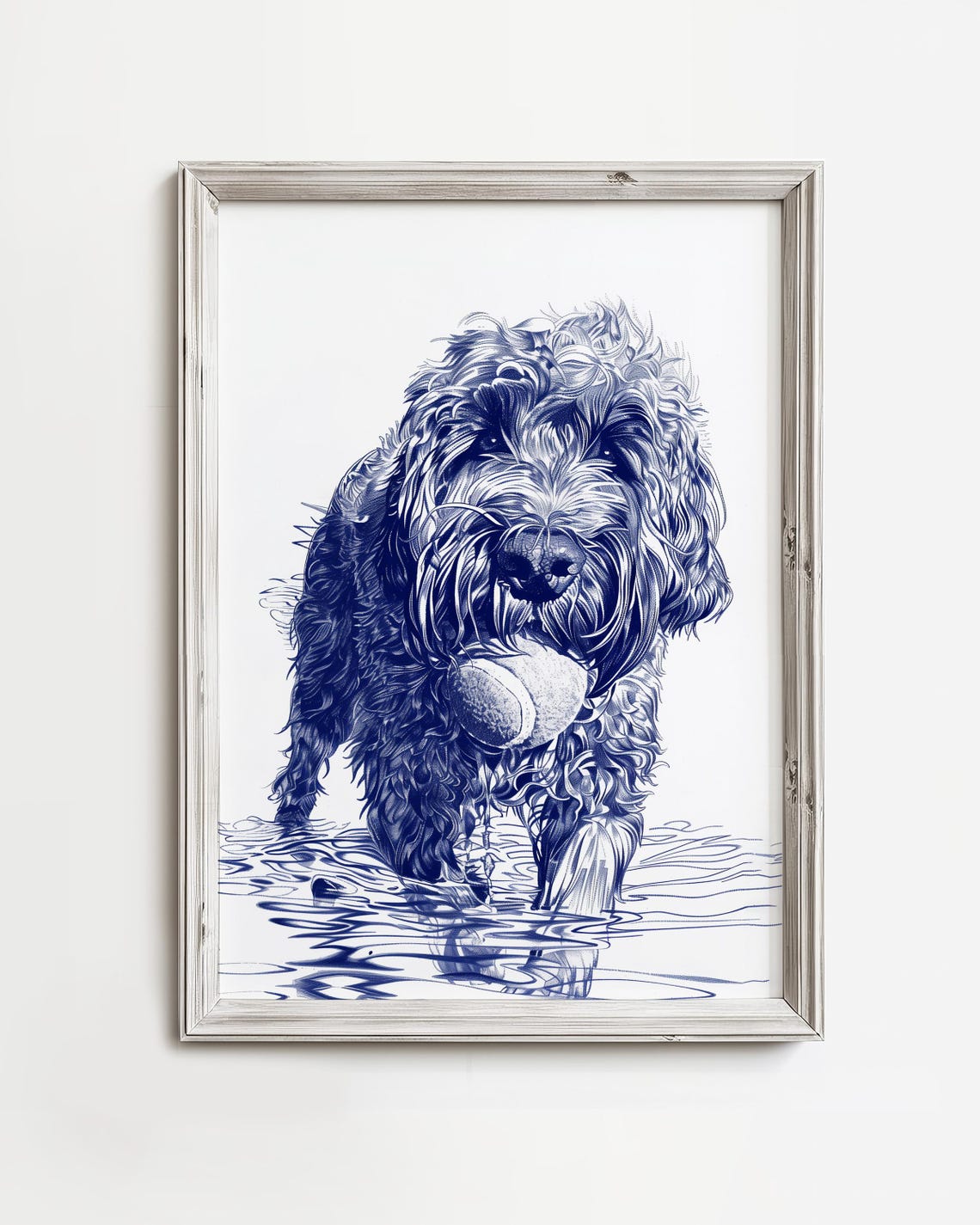 Newfie Doodle Dog Blue Ink Sketch With Ball By Water Wall Art