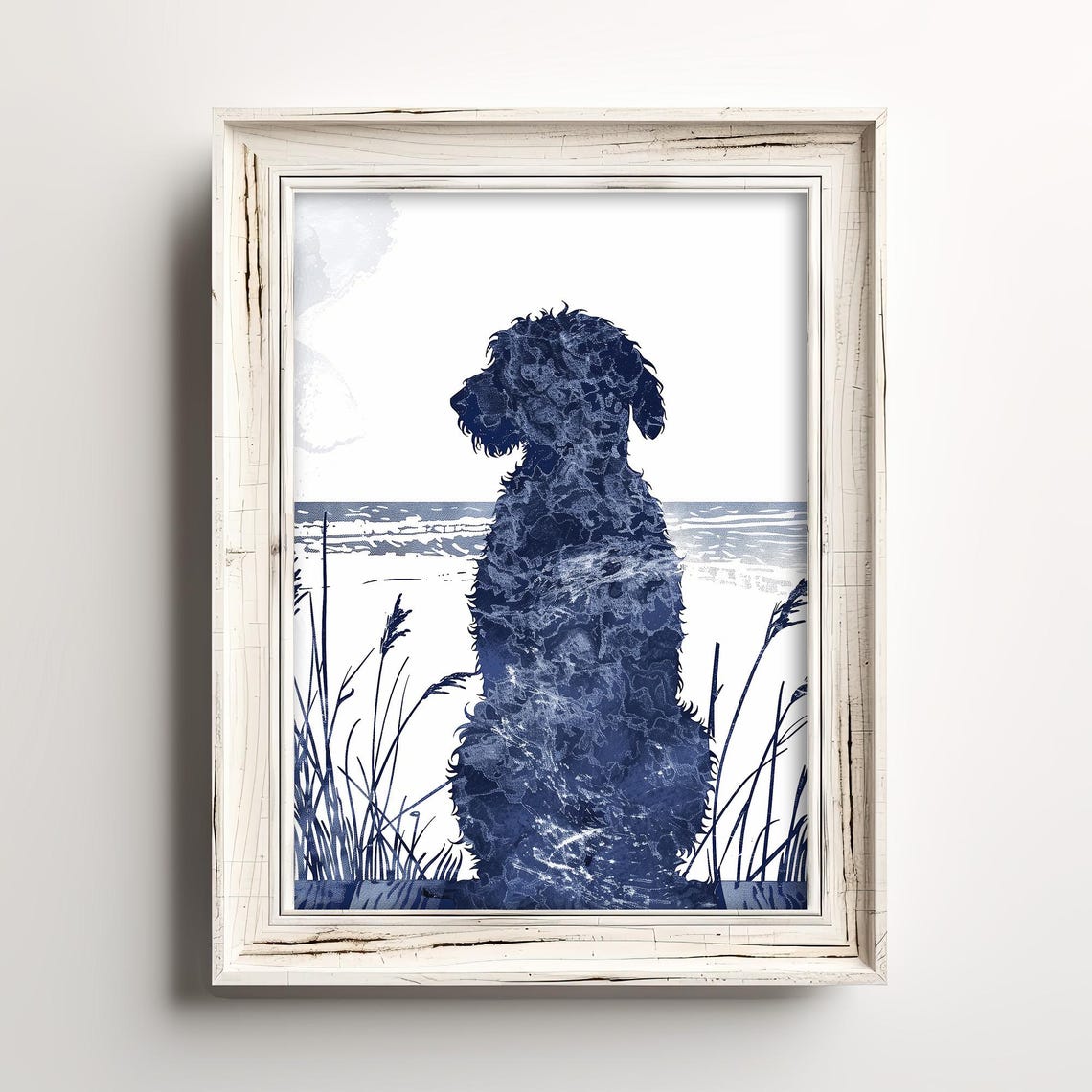 Doodle Dog Watching The Sea Navy Coastal Silhouette Art Poster