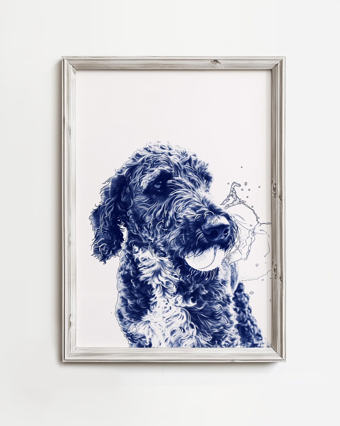 Curly Doodle Dog with Tennis Ball Blue and White Sketch Poster